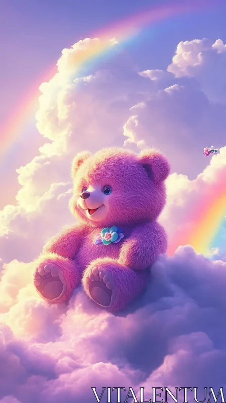 Pink plush teddy bear floats through radiant pastel clouds.