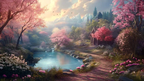 Spring alpine pond beside wooden chapel under blossom canopy