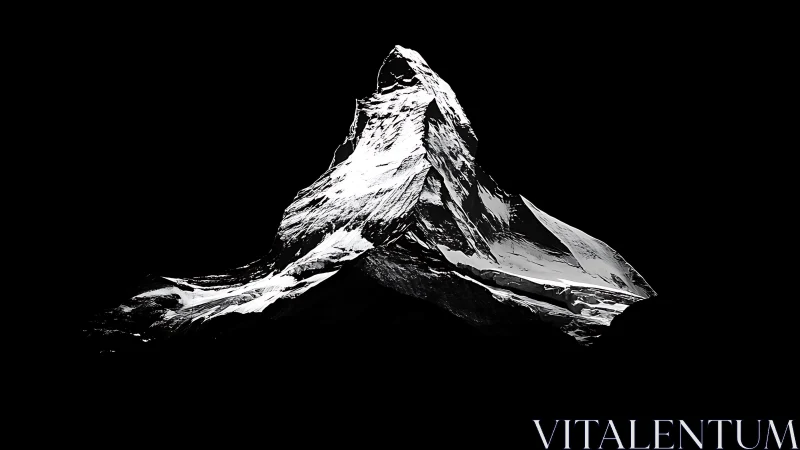Snow-covered mountain peak is isolated against black background