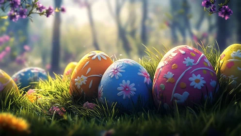 Decorated Easter eggs rest in bright grass under soft light