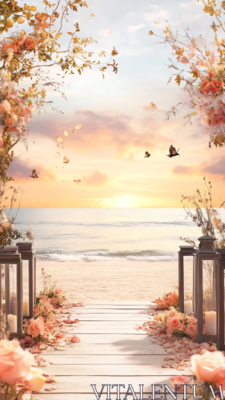 Wooden boardwalk to floral-framed beach sunset scene.
