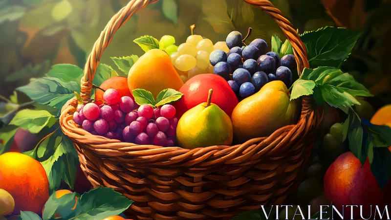 Sunlit wicker basket holds hyperreal assorted orchard fruits