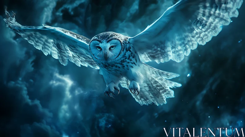 Snowy owl in mid-flight against diffuse nocturnal sky.