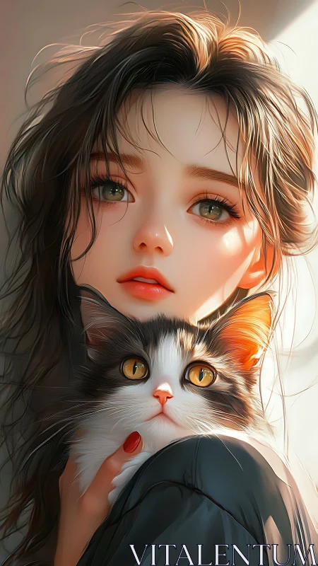 Soft light anime portrait of girl holding alert kitten.
