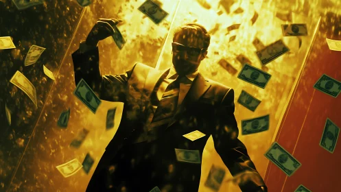 Shadowed power-broker strides through a storm of golden cash