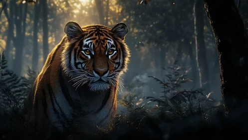 Midnight jungle monarch pads through dew and embered light