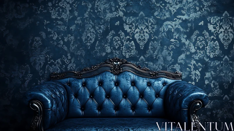 Ornate blue tufted sofa is set against patterned wall