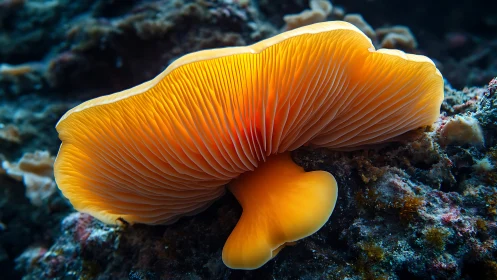 Golden coral mushroom glows gently along the ocean floor