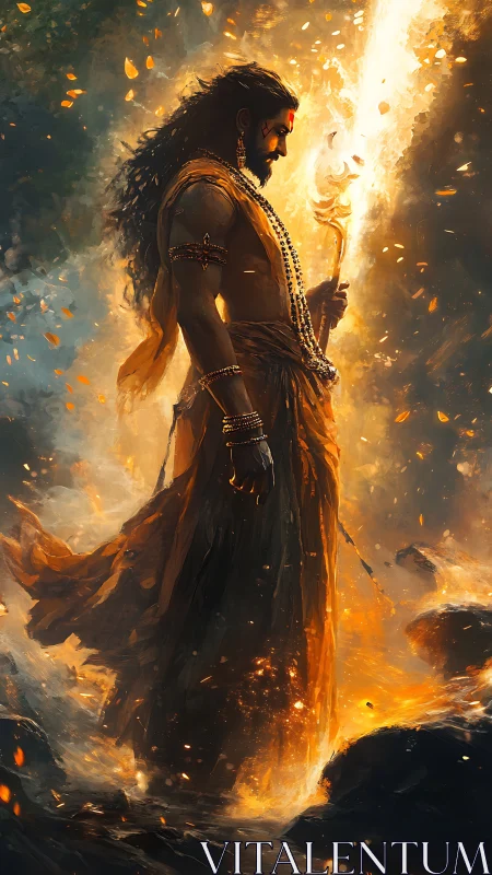 Firelit mystic warrior walking through swirling embers.