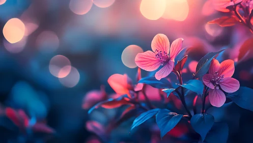 Digital painting of neon-lit blossoms in shallow depth of field.