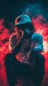 Moody street artist framed by neon red and teal smoke glow.