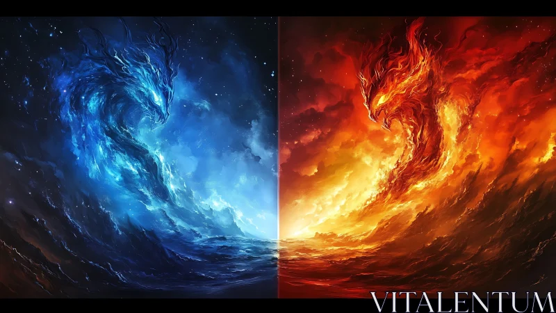 Elemental dragon duel in mirrored fire and water forms.