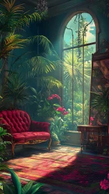 Sunlit conservatory lounge with crimson velvet sofa and palms.