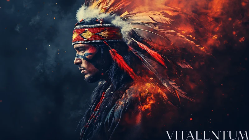 Profile portrait merges feathered headdress with fiery abstraction