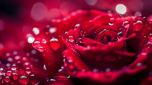 Macro-magnified red rose petals with spherical water droplets exhibiting depth-of-field bokeh.