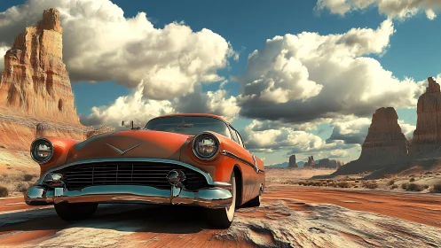 Classic orange car on desert highway under clouded sky.