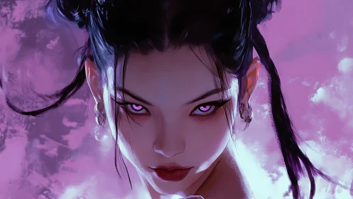Enchanting sorceress gazes forward in vivid violet haze