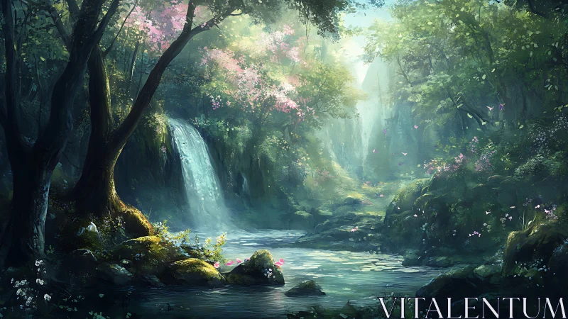 Enchanted Forest Waterfall. Mystic Woodland Stream.