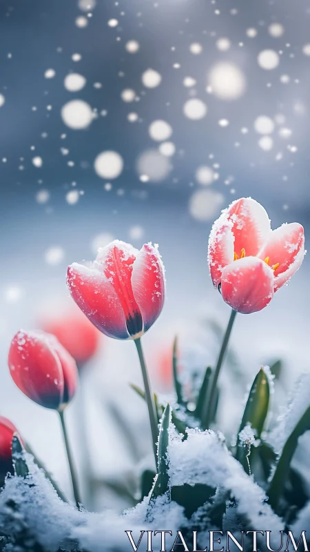 Crimson Tulips Dance Through Winter's Crystalline Embrace