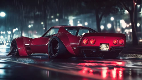 Low-slung red sports car under neon rain-soaked city lights.