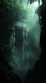 Ancient jungle temple entrance framed by dense foliage.
