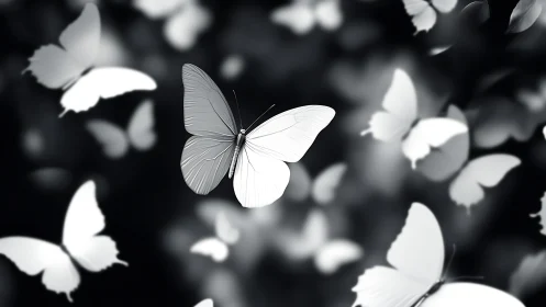 Monochrome butterflies drift through soft blurred bokeh field.