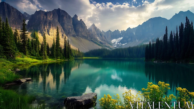 Turquoise alpine lake mirrors jagged mountains under soft light