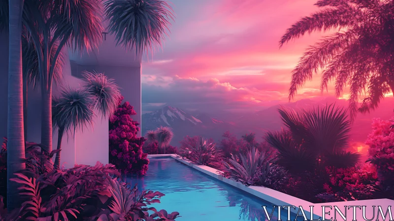Poolside terrace overlooks distant mountains at sunset