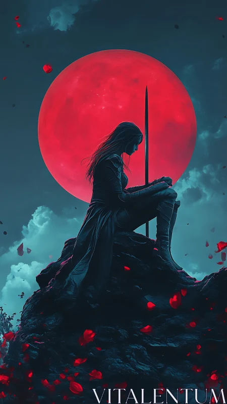 Silhouetted warrior with sword before red lunar disc.