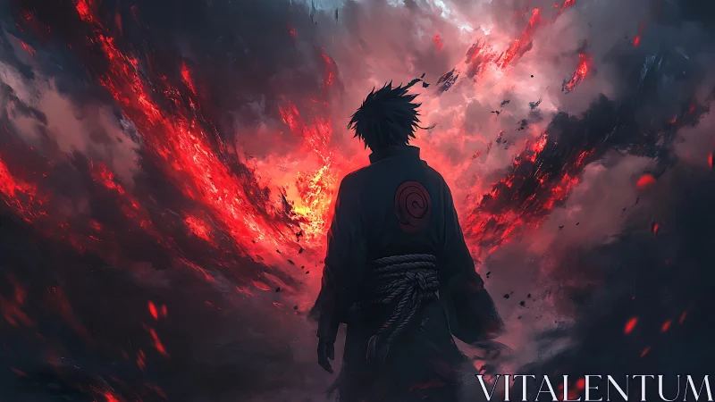 Solitary warrior surveys erupting crimson storm vortex