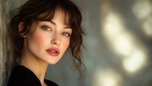 Portrait shows young woman leaning against textured wall