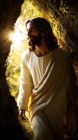 Gentle robed figure walking toward sunrise in a cave mouth.