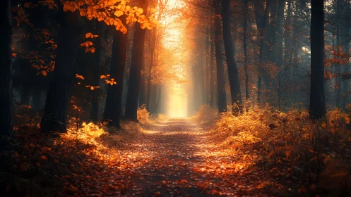 Forest path illuminated by warm golden sunlight through autumn trees