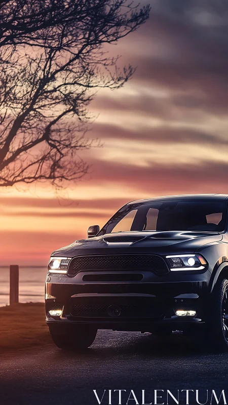 Black SUV stands on coastal road under vivid sunset sky