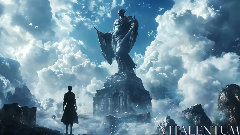Distant figure observes monumental robed statue amid clouds