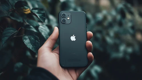 Dark iPhone 11 smartphone held in hand against blurred botanical background
