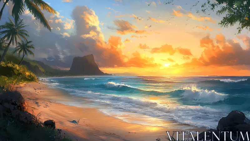 Tropical Coastline with Rock Formation at Sunset.