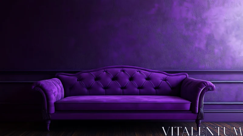 Velvet purple sofa anchors monochrome interior wall study.