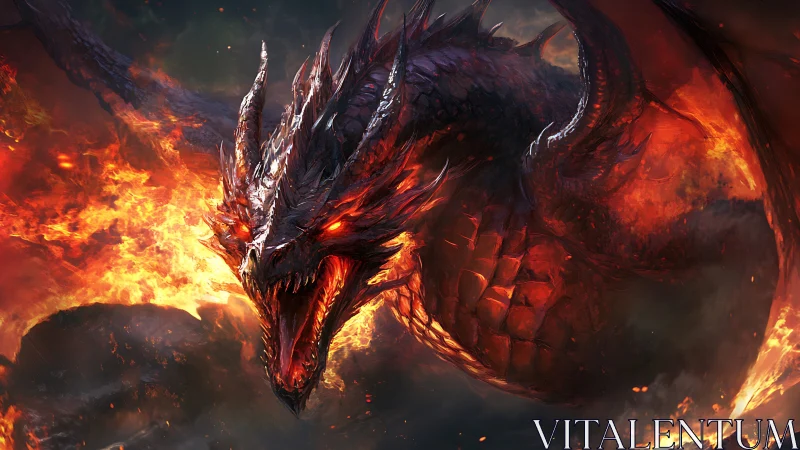 Fire-breathing dragon emerging from intense flames.
