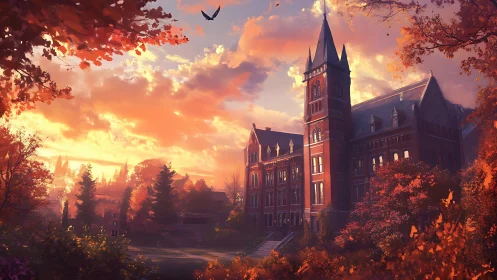 Gothic academic tower under volumetric autumn sunset light.