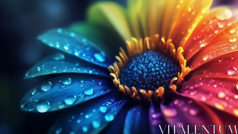 Multicolored daisy macro with water droplets on petals.