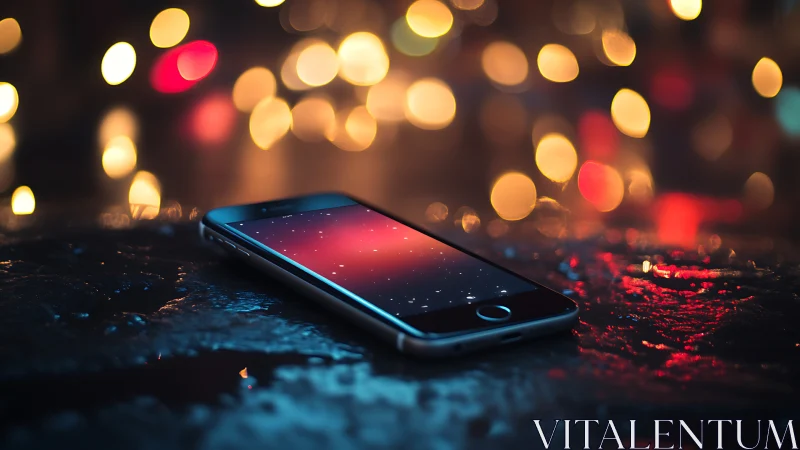 Neon Dreams Glow: Mobile Device Radiates Through Urban Bokeh