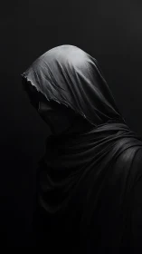 Hooded shadowed figure emerges from deep black silence.