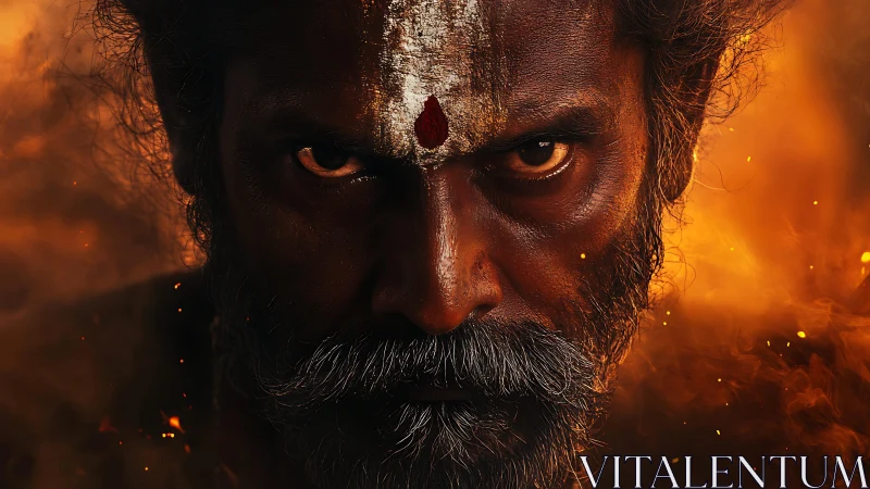 Intense male portrait with ash marking against fiery backdrop.