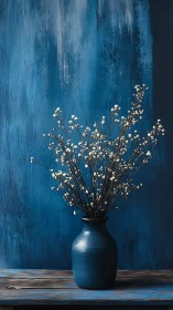 Matte blue ceramic vase holds dried white florals against textured wall