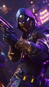 Hooded cybernetic gunfighter dominates neon urban battleground