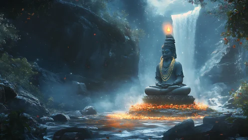 Mystic river deity glows beneath a silver waterfall veil.