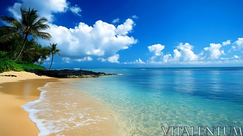 Tropical Coastal Seascape with Palm Trees and Sandy Shore.