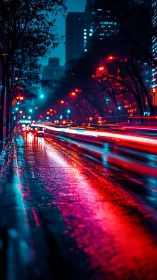 Neon city street glows softly in rain and rushing traffic