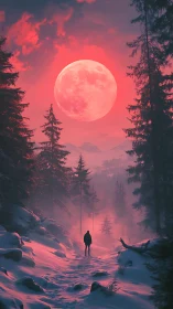 Lone wanderer under a colossal crimson winter moon.